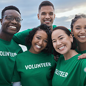 Happy, selfie and volunteer with people on beach for sustainability ...