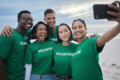 Buy stock photo Teamwork, selfie and recycling with people on beach for sustainability, environment and climate change. Phone, earth day and social media with volunteer and phone for technology, energy and pollution