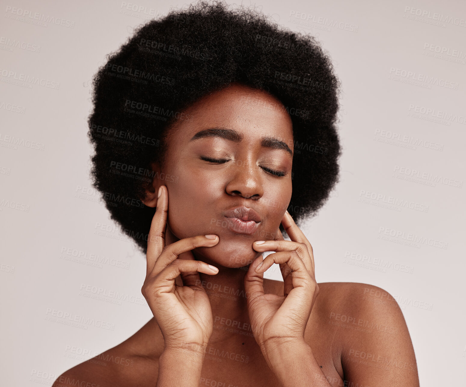 Buy stock photo Skin care, beauty and face of black woman in studio happy about dermatology, cosmetic or makeup. Aesthetic model with hands on skin for glow, health and wellness for spa luxury facial product