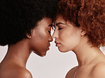 Beauty, skincare and women faces together closed eyes for cosmetic skin, self care and isolated in studio brown background. Facial, dermatology and friends or models for spa treatment for glow