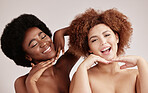 Friends are happy, beauty and face with skincare, women and cosmetic care inclusion, diversity and hands in studio. Natural, cosmetics and hair with skin, melanin and makeup with dermatology glow