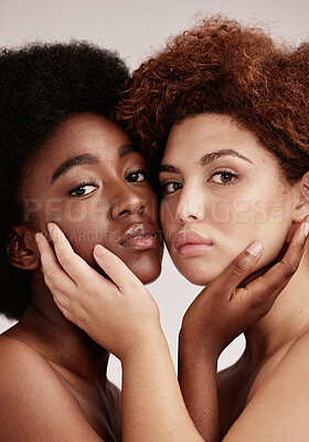 Buy stock photo Beauty, skincare and portrait of black women for cosmetic skin, self care and isolated in studio background. Facial, diversity and multicultural friends for spa treatment for glow and makeup