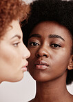 Beauty, black woman and portrait with a friend profile for skincare, dermatology and spa aesthetic. Facial, skin glow and young person face with a female for cosmetics, detox and wellness treatment