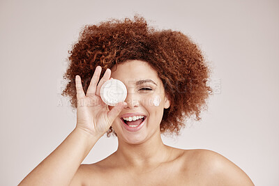 Buy stock photo Skincare, beauty and portrait of happy woman with cream container, smile and afro, advertising luxury skin product promotion. Dermatology, cosmetics and facial for model isolated on studio background