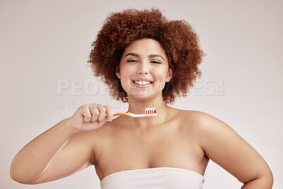 Buy stock photo Black woman, studio portrait and toothbrush for cleaning, healthy mouth and hygiene by background. Happy gen z model, brushing teeth and smile for beauty, wellness or self care with dental toothpaste