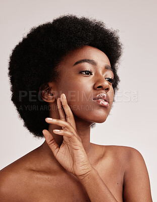 Buy stock photo Beauty, skincare and face of a black woman in studio with dermatology, makeup and cosmetics. Aesthetic model on studio background for hair, self love and facial skin natural glow for spa wellness 