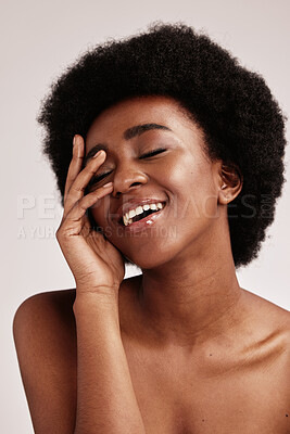 Buy stock photo Beauty, black woman and skincare of a young person face with hands happy about facial. Wellness, cosmetics and model in a isolated studio with a smile doing dermatology, detox and spa self care