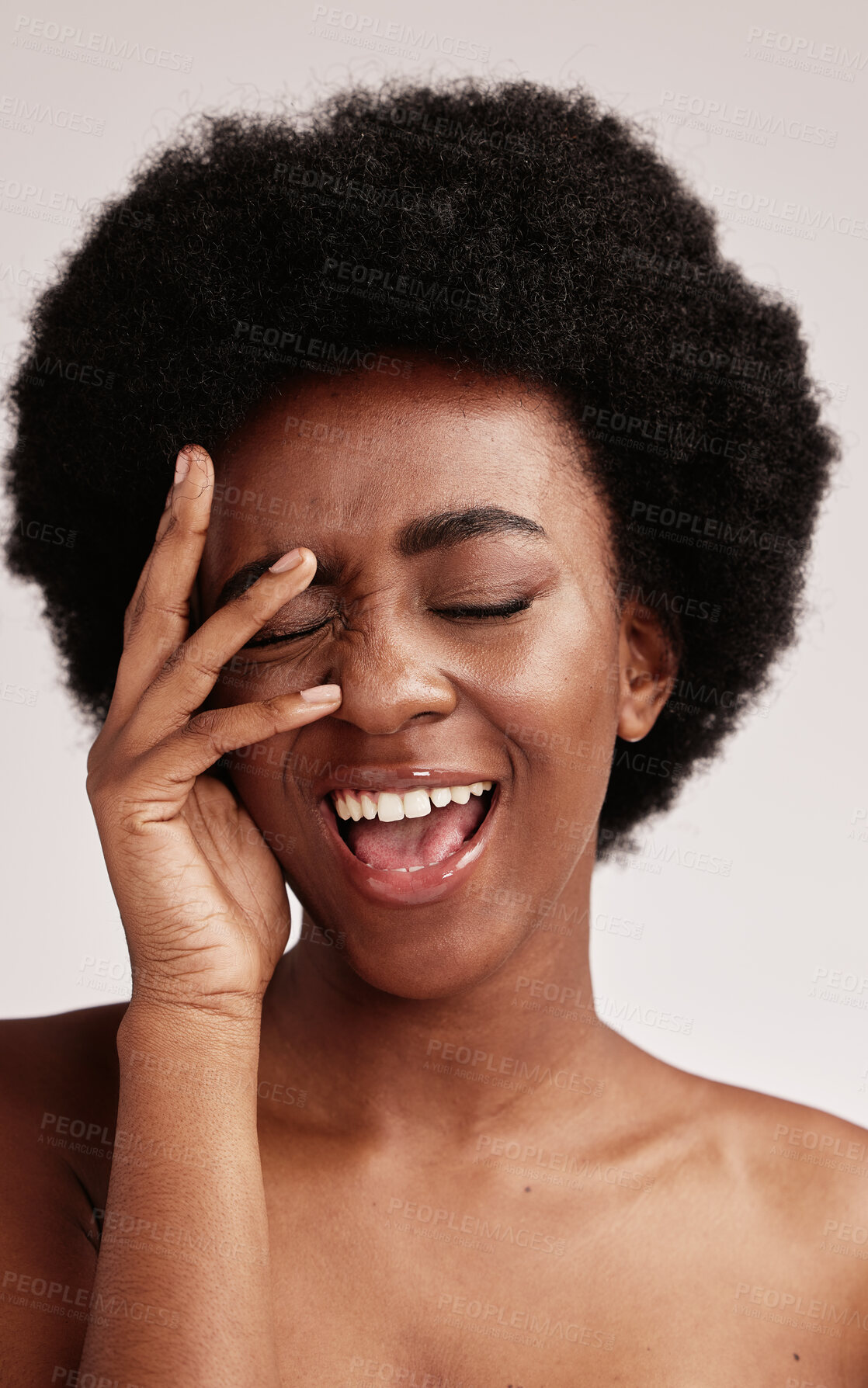 Buy stock photo Beauty, black woman and smile of a female person face with hands happy about facial. Wellness, cosmetics and model in a isolated studio with skincare doing dermatology, detox and spa self care