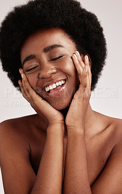 Buy stock photo Beauty, black woman and smile of a young African person face with hands happy about facial. Wellness, cosmetics and model relax in a isolated studio doing dermatology, detox and spa self care