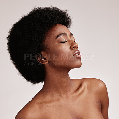 Buy stock photo Beauty, black woman and skincare spa aesthetic with skin glow and cosmetics in a studio. Dermatology, facial and self care of a young person model feeling calm from cosmetic and detox treatment