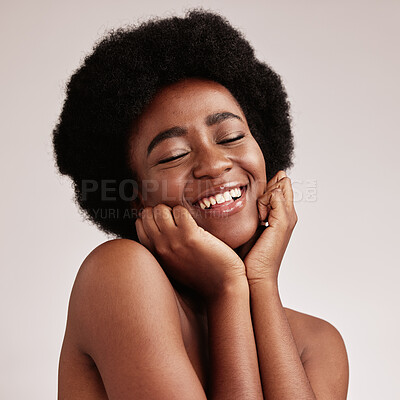 Buy stock photo Skincare, beauty and face of black woman in studio happy with dermatology, cosmetic and makeup. Aesthetic model with hands on natural facial skin for self love, health and wellness for spa background