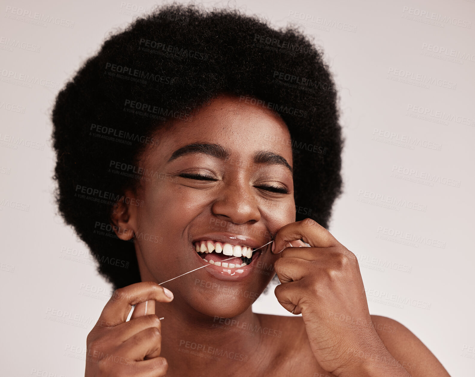 Buy stock photo Black woman, skincare or dental floss for teeth grooming, healthcare wellness hygiene or gum disease prevention. Smile, happy or flossing beauty model with afro hair, mouth cleaning or tooth product