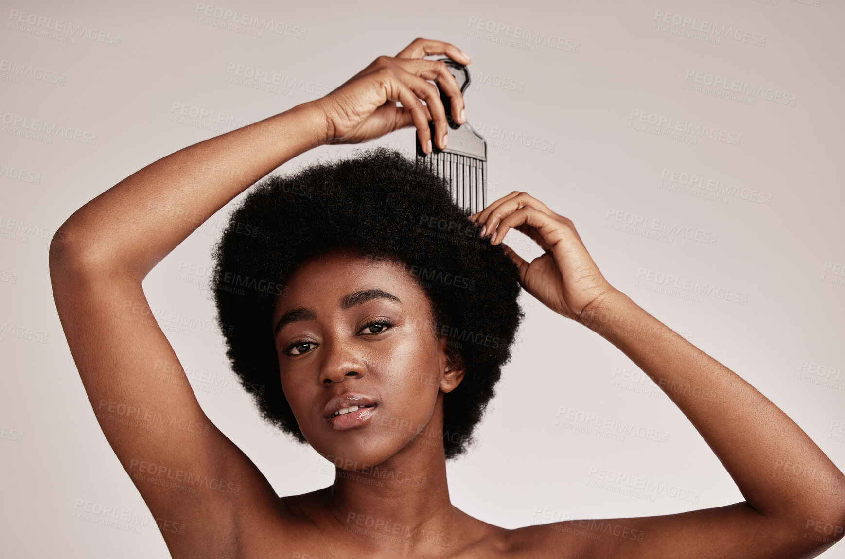 Buy stock photo Afro comb, black woman and portrait of a model with hair care, salon and cosmetics. Hairdresser comb, African hairstyle and beauty of a young person doing a treatment for self care in a studio