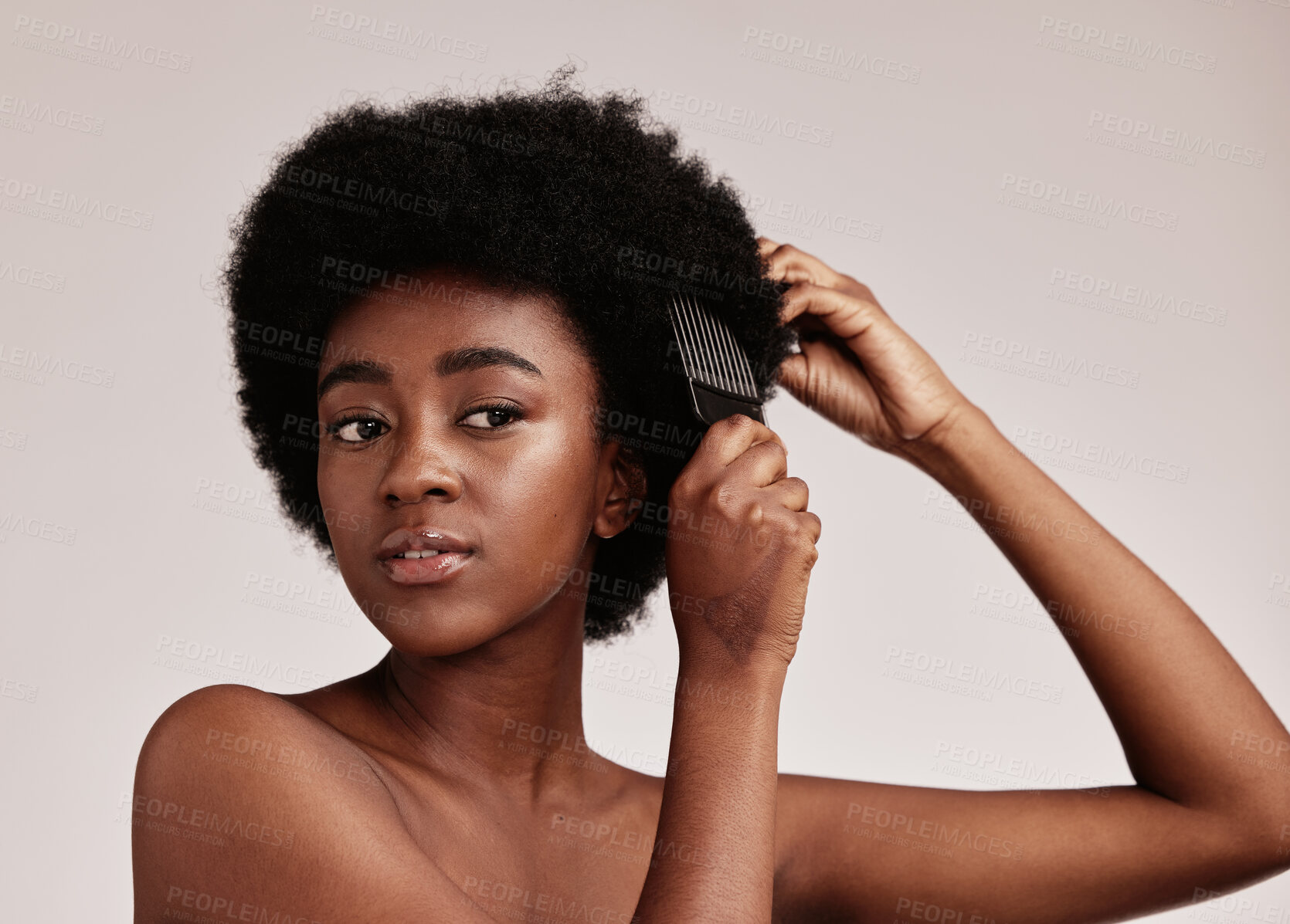 Buy stock photo Afro comb, black woman care of a model with hair care, salon and cosmetics. Hairdresser comb, African hairstyle aesthetic and beauty of a young person doing a treatment for wellness in a studio