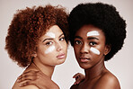 Beauty, cream and diversity black women portrait in studio with dermatology cosmetic skincare. Aesthetic model friends for color, self love and spa wellness with facial skin glow and natural hair