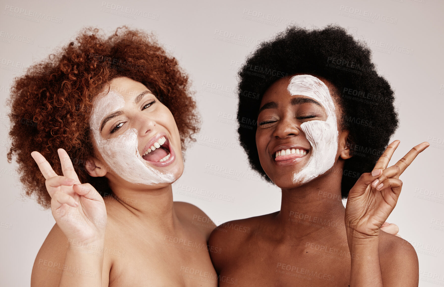 Buy stock photo Face mask, peace sign and friends portrait with happiness for sleepover skincare. Wellness, black women smile and spa aesthetic with lotion and moisturizer for facial and cosmetic treatment in studio