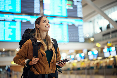 Buy stock photo Travel, airport and excited woman with passport. travel ticket and documents for immigration, journey and flight schedule. Backpack person with identity document search for international registration