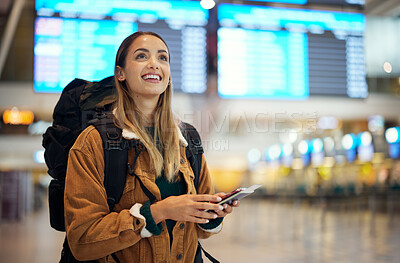 Buy stock photo Airport, travel and backpack woman with passport, flight ticket and documents for immigration, journey and schedule. Happy person, identity document search and international registration information