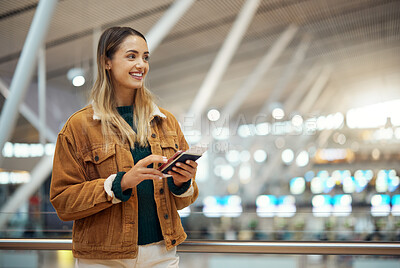 Buy stock photo Travel, phone and woman with passport at airport lobby for
social media, internet browsing or web scrolling. Vacation, thinking and happy female with mobile smartphone and ticket for global journey.