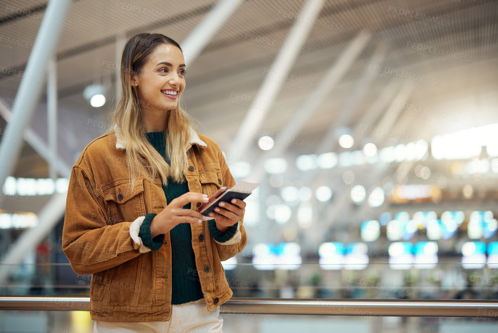 Buy stock photo Travel, phone and woman with passport at airport lobby for
social media, internet browsing or web scrolling. Vacation, thinking and happy female with mobile smartphone and ticket for global journey.