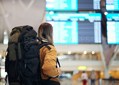 Buy stock photo Travel, backpack and woman in airport on a trip, vacation or holiday happy on an international journey to city. Airplane, excited and female happy traveling from an airline building to board flight