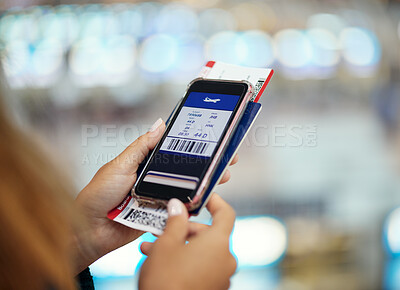 Buy stock photo Hands, phone travel and flight ticket app for vacation, holiday or international traveling. Technology, mobile and woman with smartphone with software for airline boarding pass or permit at airport.