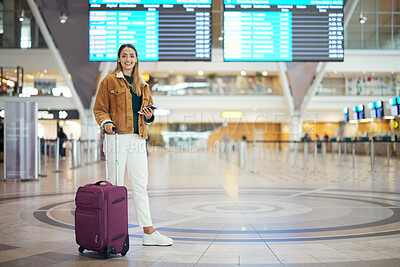 Buy stock photo Woman, airport and luggage for travel, vacation or journey in schedule flight with passport in Cape Town. Portrait of happy female traveler standing ready for departure, boarding plane or immigration