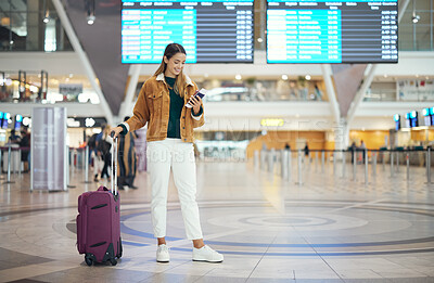 Buy stock photo Travel, woman in airport and luggage for vacation, break and girl excited, smile and check boarding ticket. Female, lady and traveler with suitcase, international and departure with passport and trip