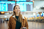 Travel, airport and woman on a trip, vacation or holiday happy to go on an international journey to a city. Airplane, excited and young female happy traveling from an airline building to board flight