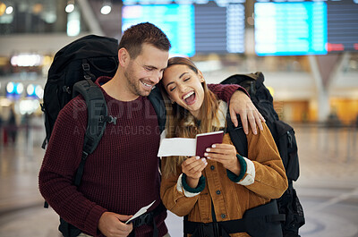 Buy stock photo Ticket, travel and couple at airport with passport talking, chatting or laughing at funny joke. Valentines day, comic and happy man and woman in airline lobby with flight documents and boarding pass.