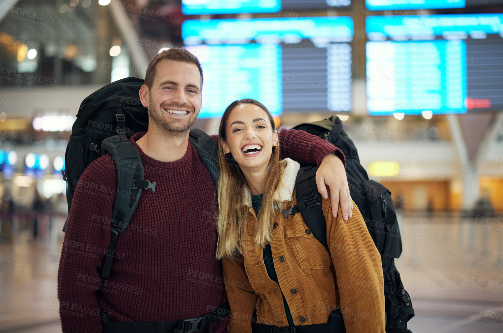 Buy stock photo Couple, love and travel portrait at airport lobby for holiday, vacation or global traveling. Luggage, valentines day and happy man and woman laughing at funny joke, hug or waiting for flight together