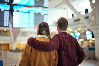 Buy stock photo Couple at airport, travel and flight time for vacation overseas,
adventure and love with romantic getaway and back view. Man, woman with international holiday and ready to board airplane for flight