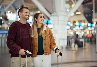 Buy stock photo Couple at airport, travel together and holiday overseas with adventure, love and romantic getaway with happy people. Man, woman and luggage, ready to board airplane for flight, trip with mockup space