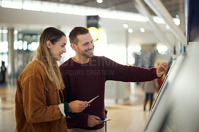 Buy stock photo Couple in airport typing on self service screen for digital passport identity or flight data to travel on airplane. Smart check, woman or happy man pressing code for on futuristic technology at kiosk
