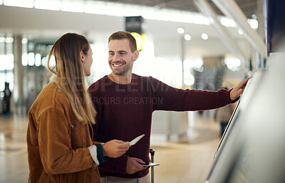 Buy stock photo Airport, travel and couple at check in machine with passport and ticket for flight. Valentines day, immigration or happy man and woman by airline lobby or kiosk with boarding pass  and documents.