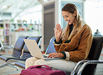 Laptop, travel and woman on video call in airport lobby, online conference or meeting. Immigration, freelancer wave and female with computer for networking, webinar and waiting for flight departure