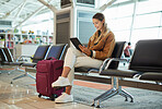 Travel, tablet and woman relax in airport lobby, social media or internet browsing. Immigration, technology and female with touchscreen for networking, web scrolling and waiting for flight departure.