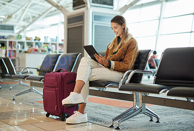 Buy stock photo Travel, tablet and woman relax in airport lobby, social media or internet browsing. Immigration, technology and female with touchscreen for networking, web scrolling and waiting for flight departure.