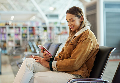 Buy stock photo Phone, travel and woman relax at airport lobby on social media, internet browsing or web scrolling. Immigration, mobile technology and female with smartphone for networking while waiting for flight.