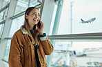 Phone call, travel and woman talking at airport, chatting or speaking to contact in lobby. Communication, mobile and happy female with smartphone for networking while waiting for flight departure.