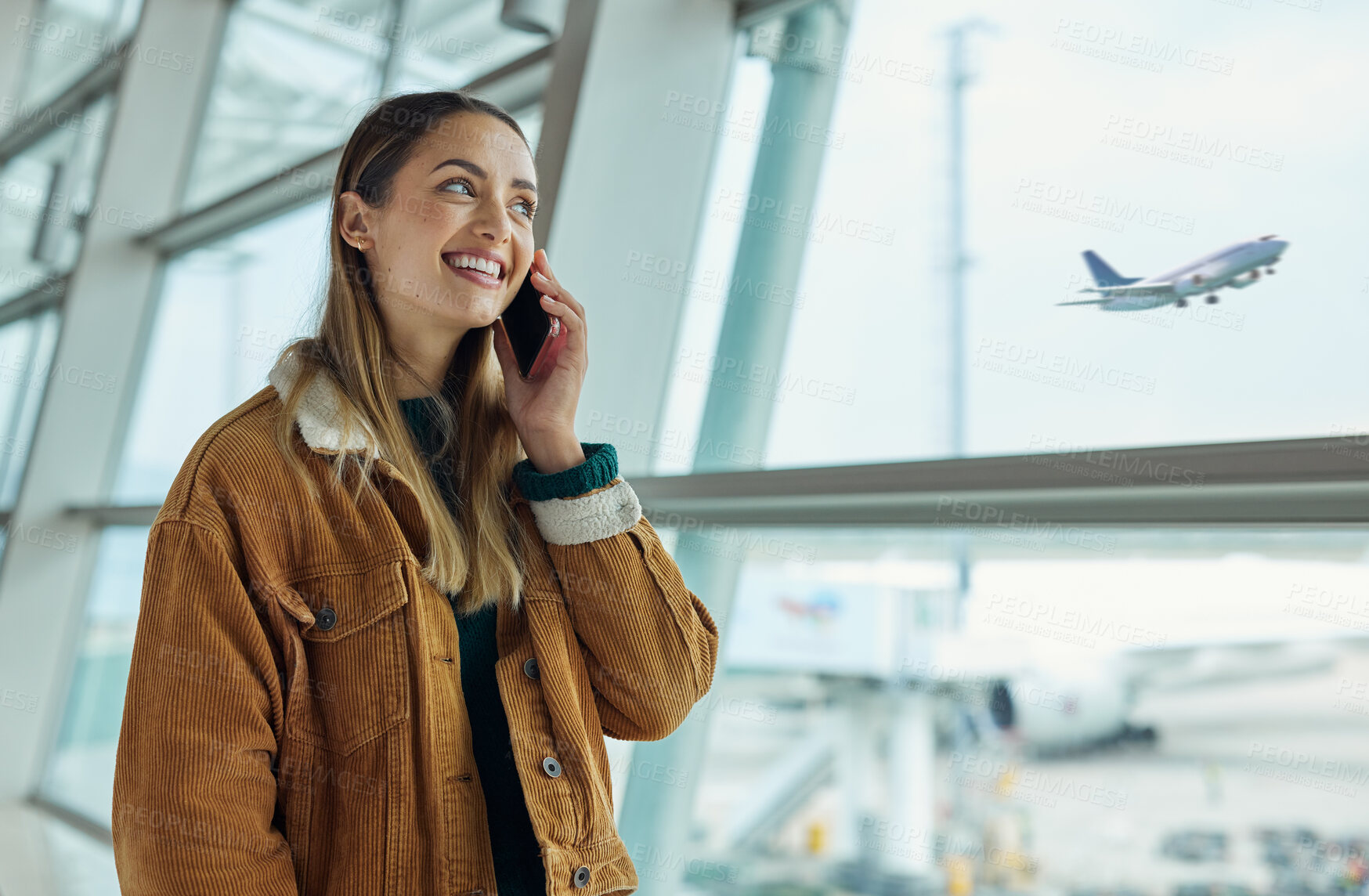 Buy stock photo Phone call, travel and woman talking at airport, chatting or speaking to contact in lobby. Communication, mobile and happy female with smartphone for networking while waiting for flight departure.