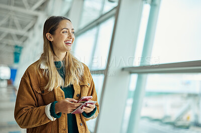 Buy stock photo Passport, travel and woman with phone at airport lobby for social media, internet browsing or web scrolling. Thinking, mobile and laughing female with smartphone and document for global traveling.