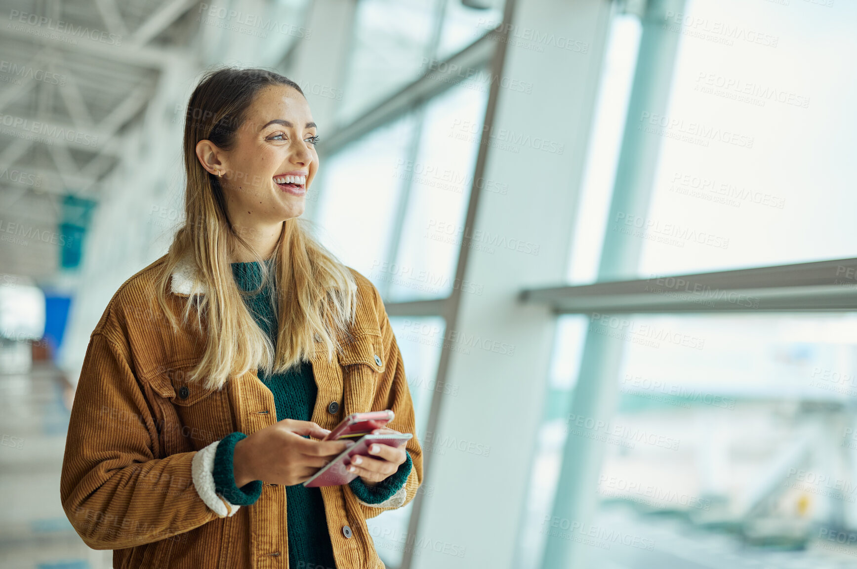 Buy stock photo Passport, travel and woman with phone at airport lobby for social media, internet browsing or web scrolling. Thinking, mobile and laughing female with smartphone and document for global traveling.