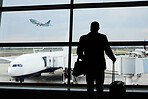 Plane, travel or silhouette man watch airplane fly, flight booking or transportation for world trip. Suitcase luggage, airport departure or back of person on holiday trip, vacation or global journey