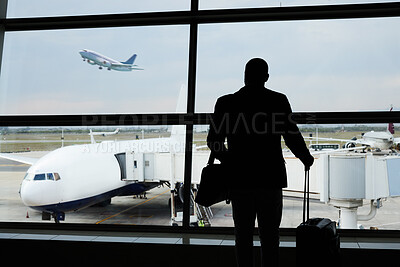 Buy stock photo Airport silhouette, plane travel or man watch airplane fly, flight booking or transportation for world trip. Suitcase luggage, departure or back of person on holiday tour, vacation or global journey