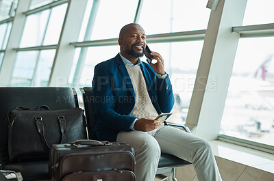 Buy stock photo Black man, phone call and passport at airport for business travel, trip or communication waiting for flight. African American male with smile for conversation, schedule or plain times on smartphone
