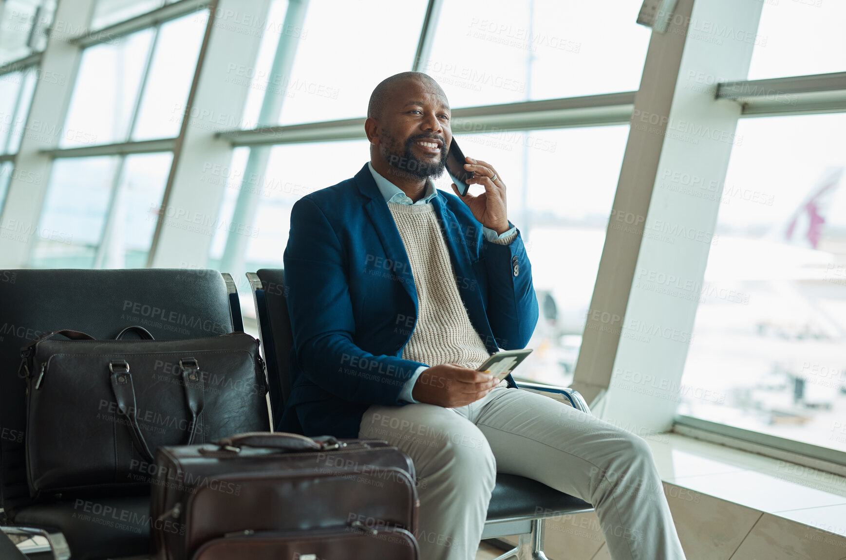 Buy stock photo Black man, phone call and passport at airport for business travel, trip or communication waiting for flight. African American male with smile for conversation, schedule or plain times on smartphone