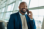 Black man, phone call and smile at airport for business travel, trip or communication waiting for plane. African American male smiling for conversation, traveling or flight schedule on smartphone