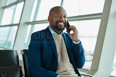 Buy stock photo Black man, phone call and smile at airport for business travel, trip or communication waiting for flight. Happy African American male smile in conversation or discussion on smartphone for traveling