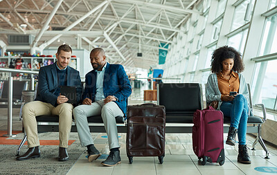 Buy stock photo Airport travel, technology or relax people review investment, stock market database and black woman contact online user. Economy, diversity or crypto trader teamwork on NFT, bitcoin or forex trading